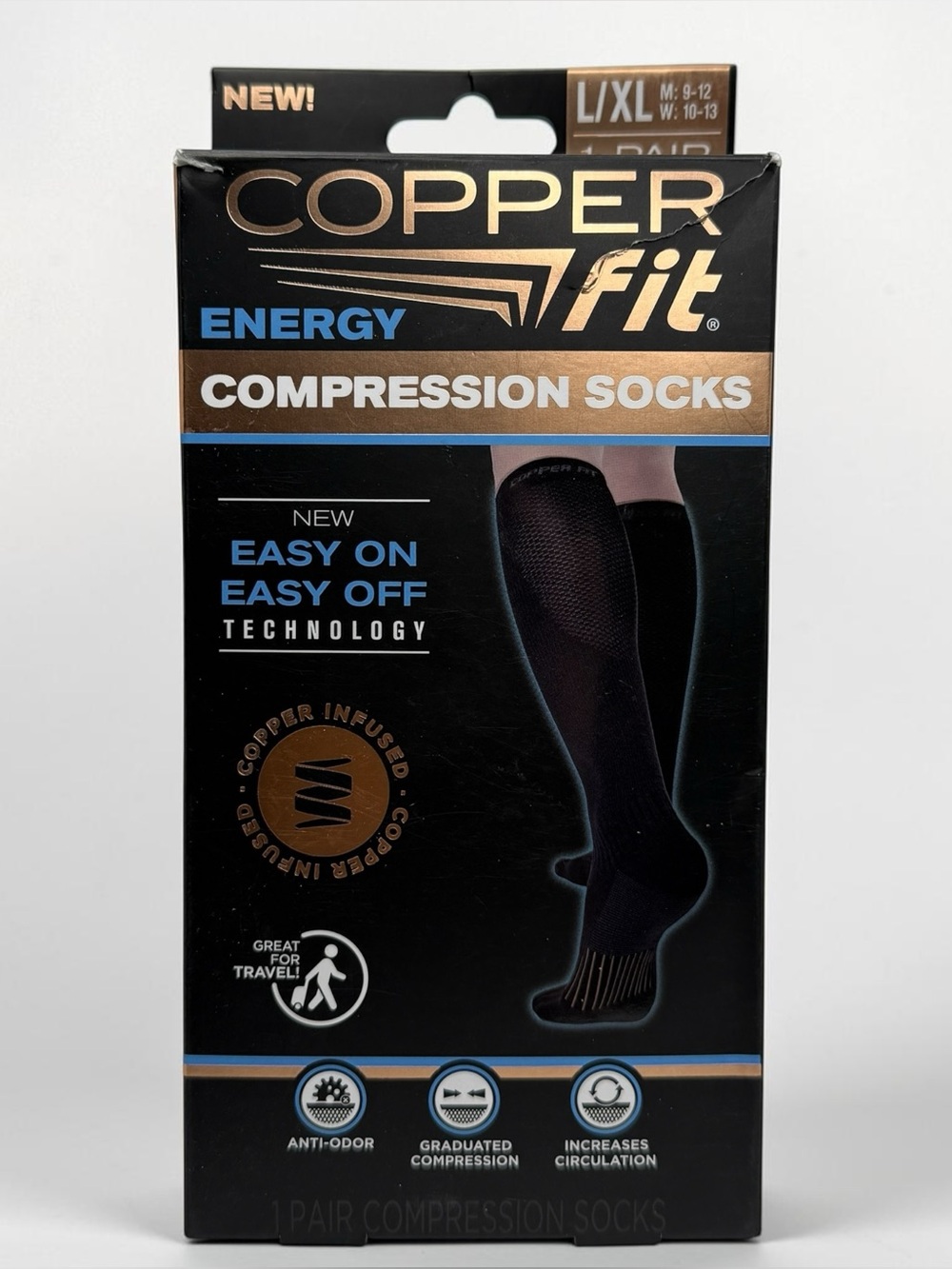 Copper Fit Energy Compression Knee High Socks Black L/XL Graduated Support